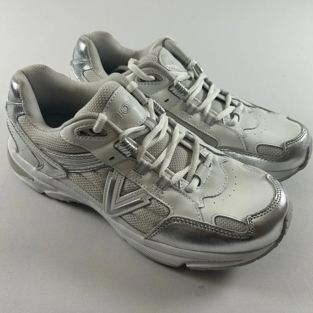 Vionic 23WALK 2.0 Shoes Womens 8.5 Wide White‎ Silver Leather Walking Sneakers
